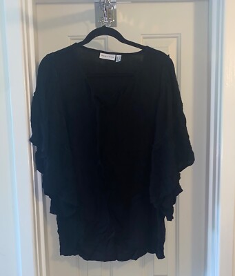 SUSAN GRAVER Weekend Reg Rayon Crepe Flutter Sleeve Tunic BLACK sz MEDIUM