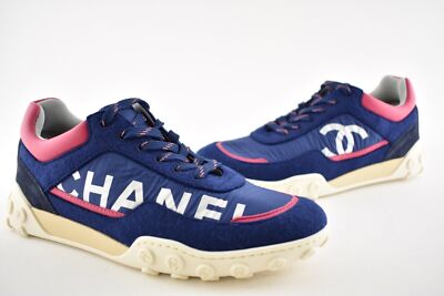 Chanel 18K Navy Blue Pink CC Silver Logo Lace Up Tie Low Top 