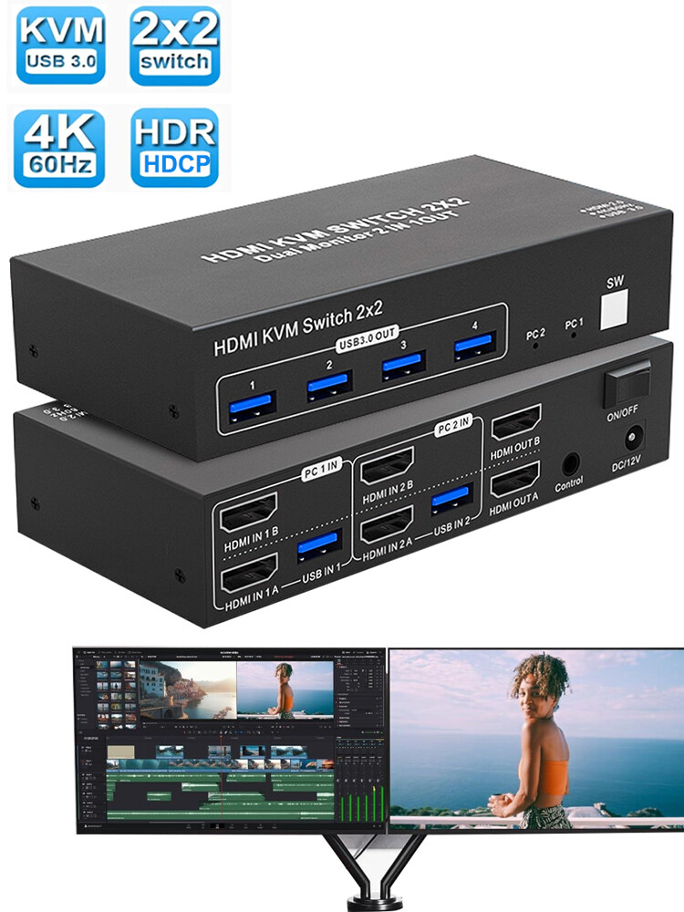 HDMI 2.0 KVM Switch Extended Display HDMI DP USB 3.0 2X2 KVM Switch Dual Monitor