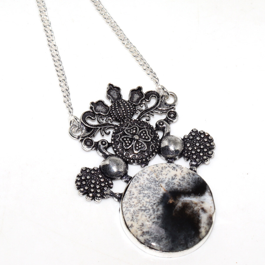 Dendritic Opal 925 Silver Plated Peacock Necklace 17