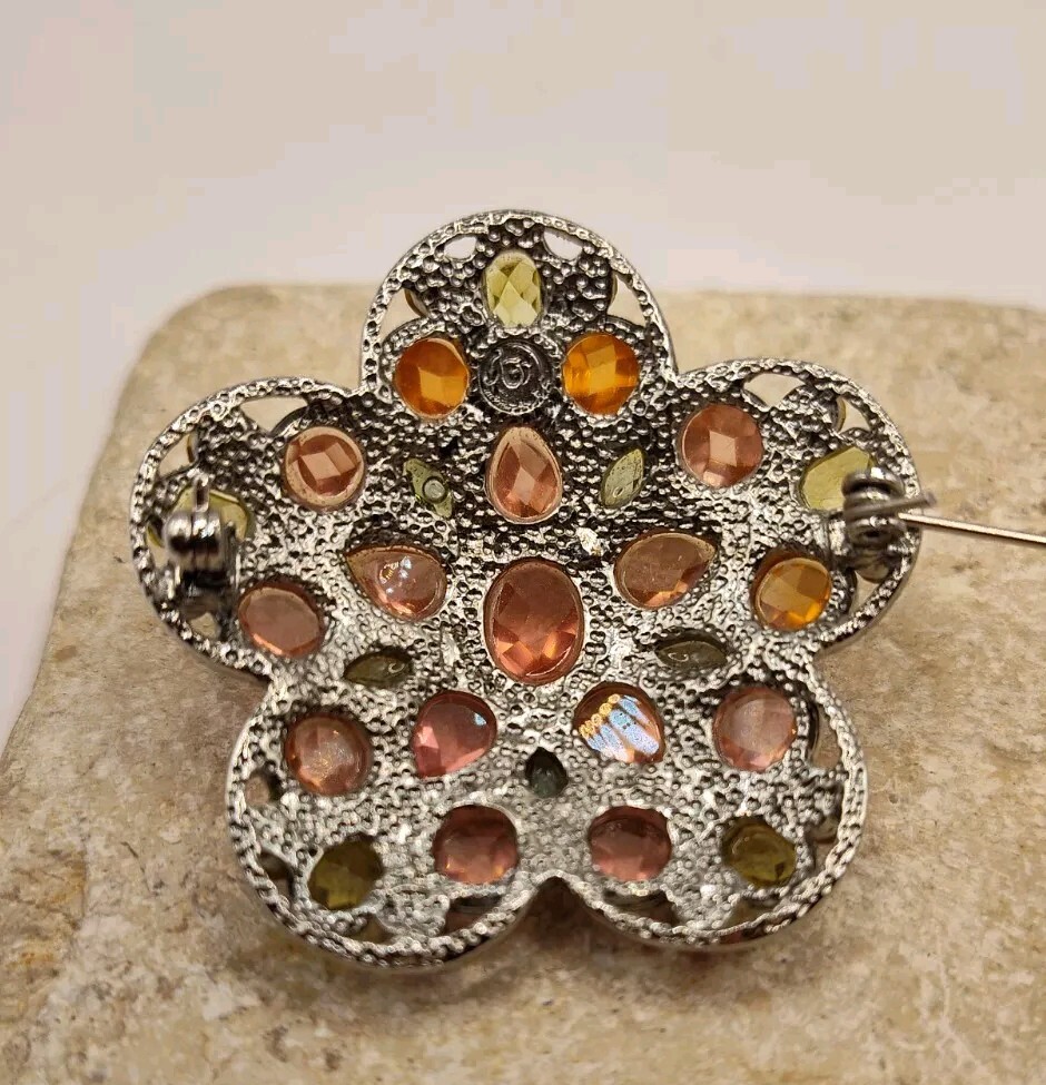 Signed Multicolored Rhinestone Flower Brooch - image 8