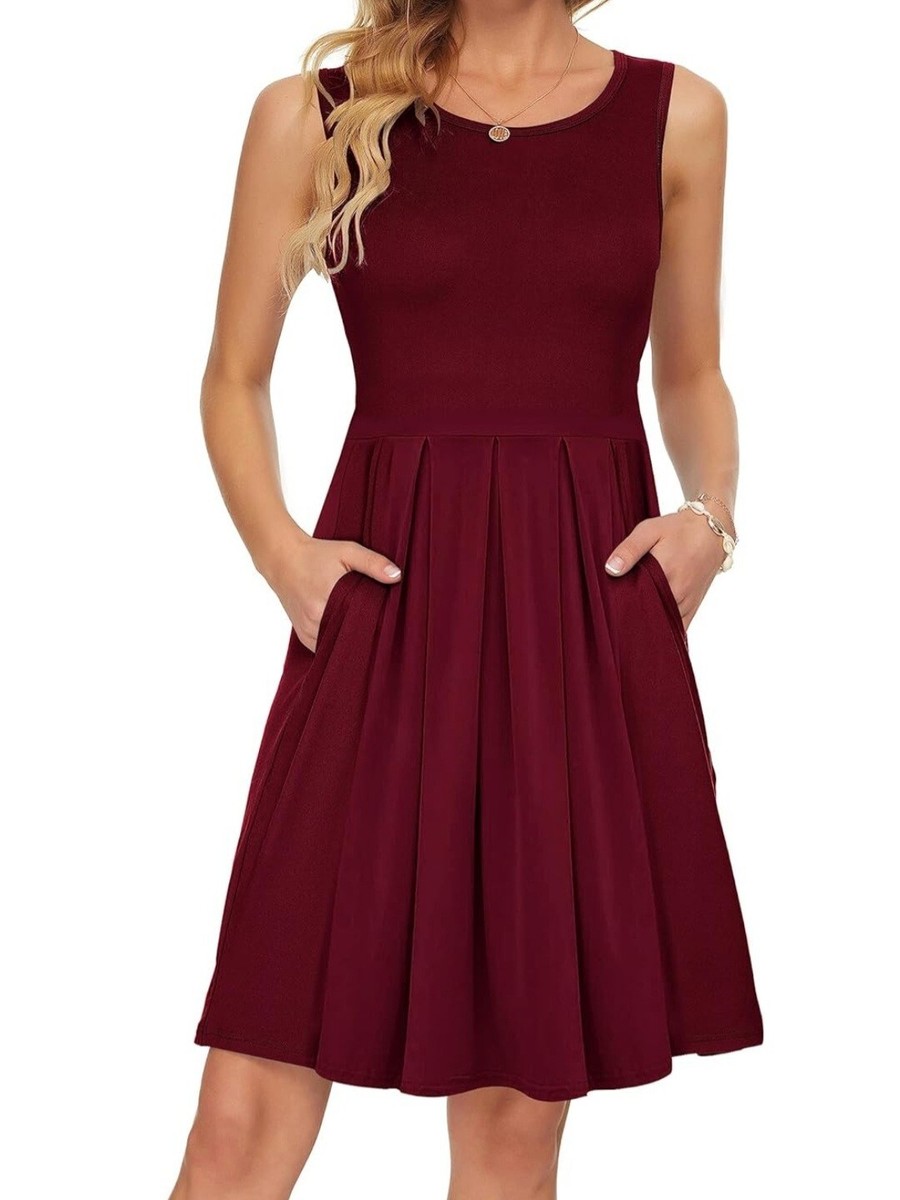 AUSELILY Women Sleeveless Pockets Casual Swing T-Shirt Dress - Red Wine -  Large