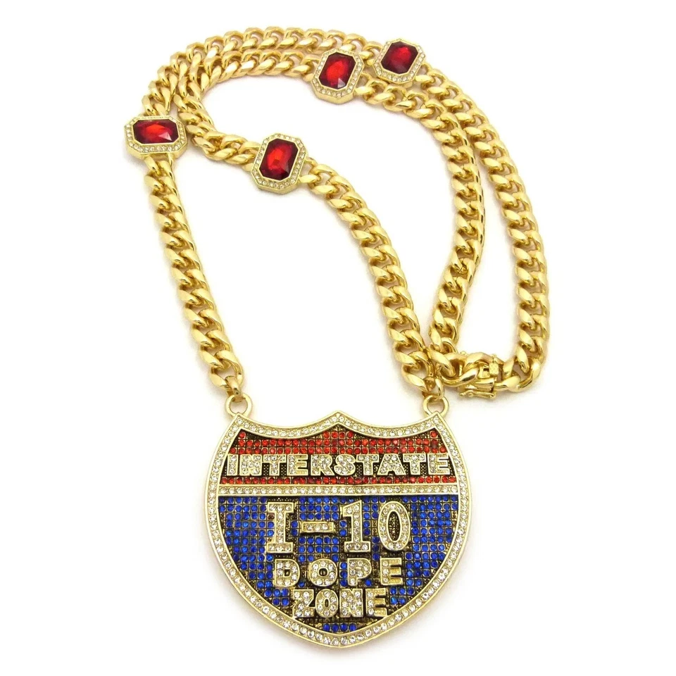 COLLAR CADENA CUBANA PIEDRA PRECIOSA ROJA 30" COLGANTE CIRCONITA CÚBICA ZONA DROGA I-10 ICE Foto 3 de 4