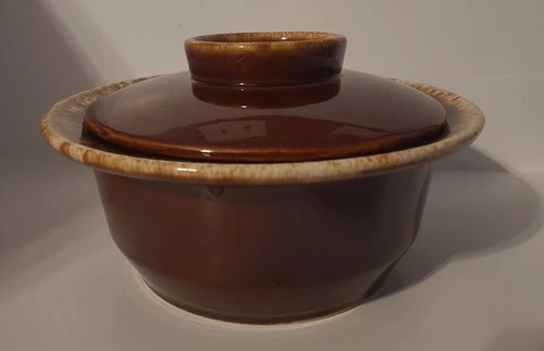 Vintage Hull 8" Casserole Dish with Lid-Oven Proof Made in USA Brown Drip Glazed