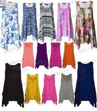 Womens Hanky Hem Sleeveless Shirt Scoop neck Long Tunic Vest T-shirt Hankey Top