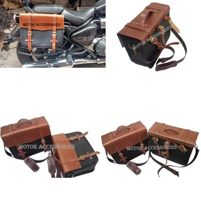 Brown Black Leather Saddle Bag With Belt Fit For Royal Enfield Super Meteor 650