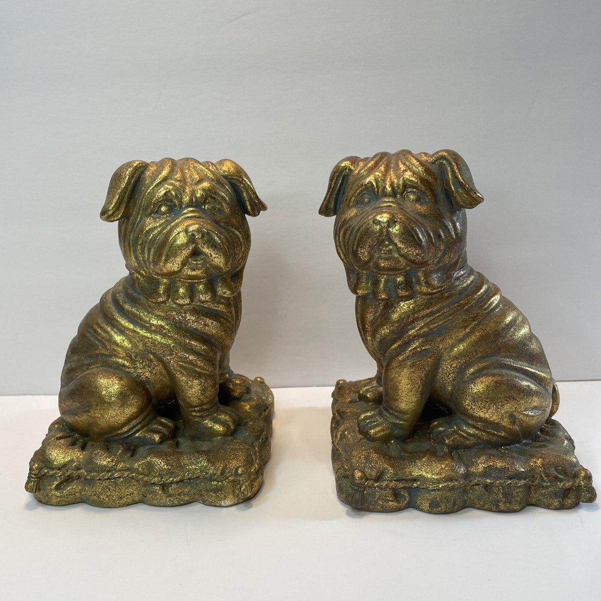 Gold Sitting Bulldog Resin Pair Of Bookends 6” X 4 1/2” Distressed