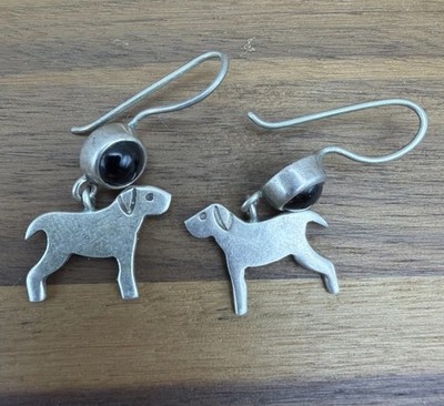 Guillermo Arregui Dangle Dog Earrings Sterling 925 Onyx Stone