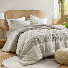 Farmhouse Comforter Set Gray, Full/Queen Size Boho Bedding Sets, Cotton Top w...