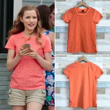 J Crew Paisley Eyelet Tee Top Orange Crewneck Cap Sleeve Cotton Womens XXS 2XS