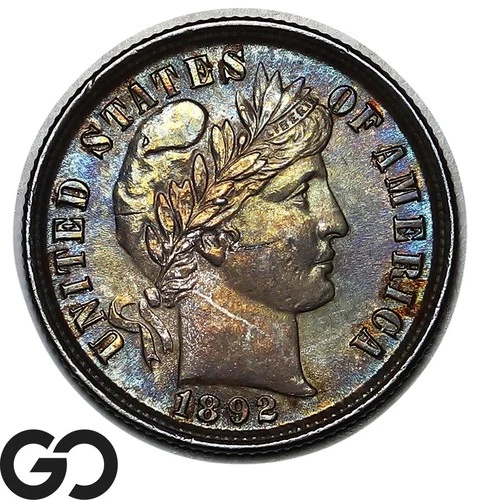 1892 Barber Dime, Beautiful Color Toner, Sharp Gem BU++