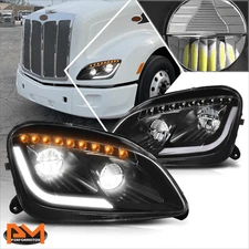 For 11-21 Peterbilt 579 587 Full LED DRL+Sequential Turn Signal Headlights Black