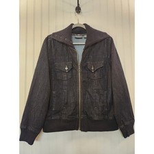 Motto Womens Denim Bomber Jacket Dark Wash Ribbed Knit Collar Indigo Large Y2K