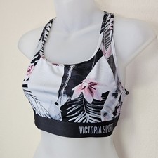 Victoria Secret Player Sports Bra M Gym Yoga Semi Sheer Tropical Black Racerback