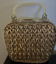 Vintage Wicker Woven Purse Handbag Lucite Handles Stylecraft 50  s 60  s