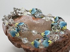 Vintage VENDOME Beaded BRACELET AB CLEAR Crystal Blue Enamel Floral 2-Strand