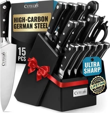 Cutluxe 15-Piece Knife Set – Premium Black Wood Block – Knife Set for Kitchen,