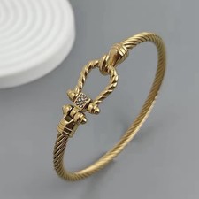 Gold Cable Cuff Bracelet Stainless Steel Crystal Buckle Bangle 62mm