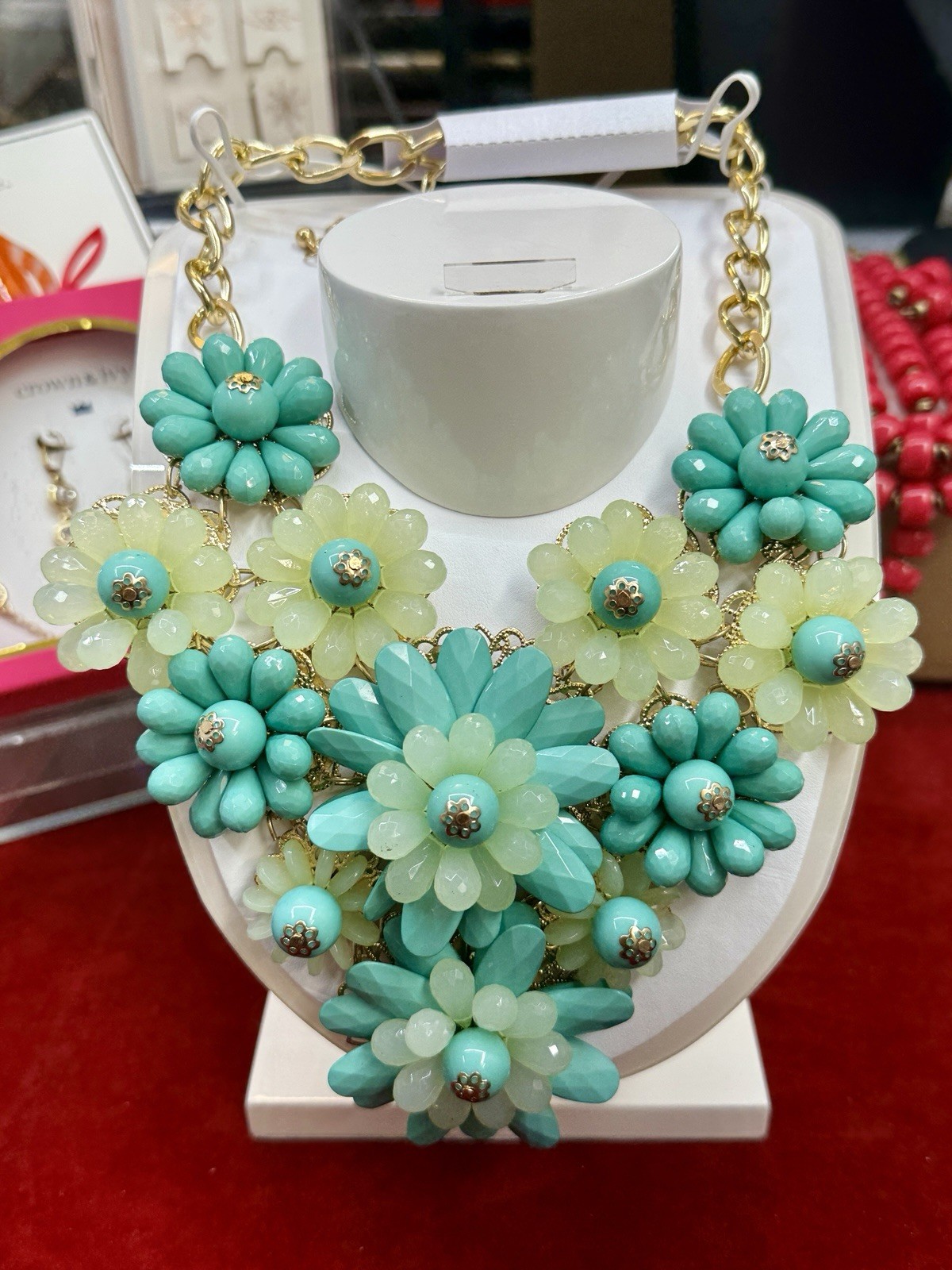 CRYSTAL AVENUE Gold Tone Floral Bib Statement Necklace Blue Green Crystal