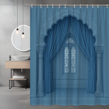 Elegant Blue Shower Curtain with Decorative Window Design