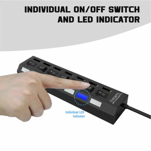 2X USB Hub 7 Port On/Off Switch High Speed Splitter AC Adapter Cable PC Laptop