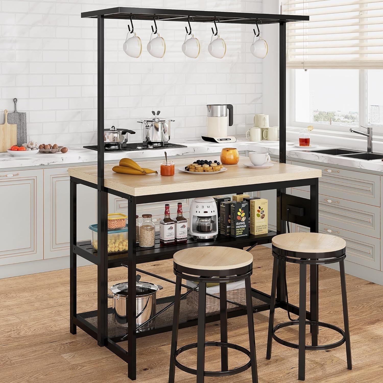 Kitchen Island w/ Storage,Power Outlets,3-Tier Bakers Rack,Microwave Stand&Hooks