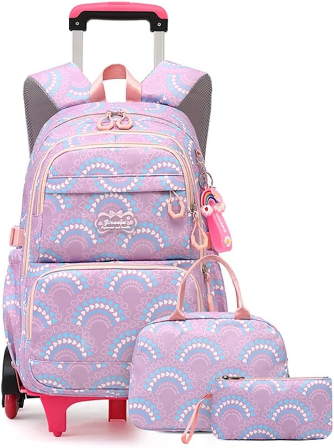 Girls Rolling Backpack Set Trolley Backpack for Girls 3PCS 6-Wheel Purple