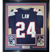 Framed Autographed/Signed Ty Law 35x39 New England Blue Football Jersey JSA COA