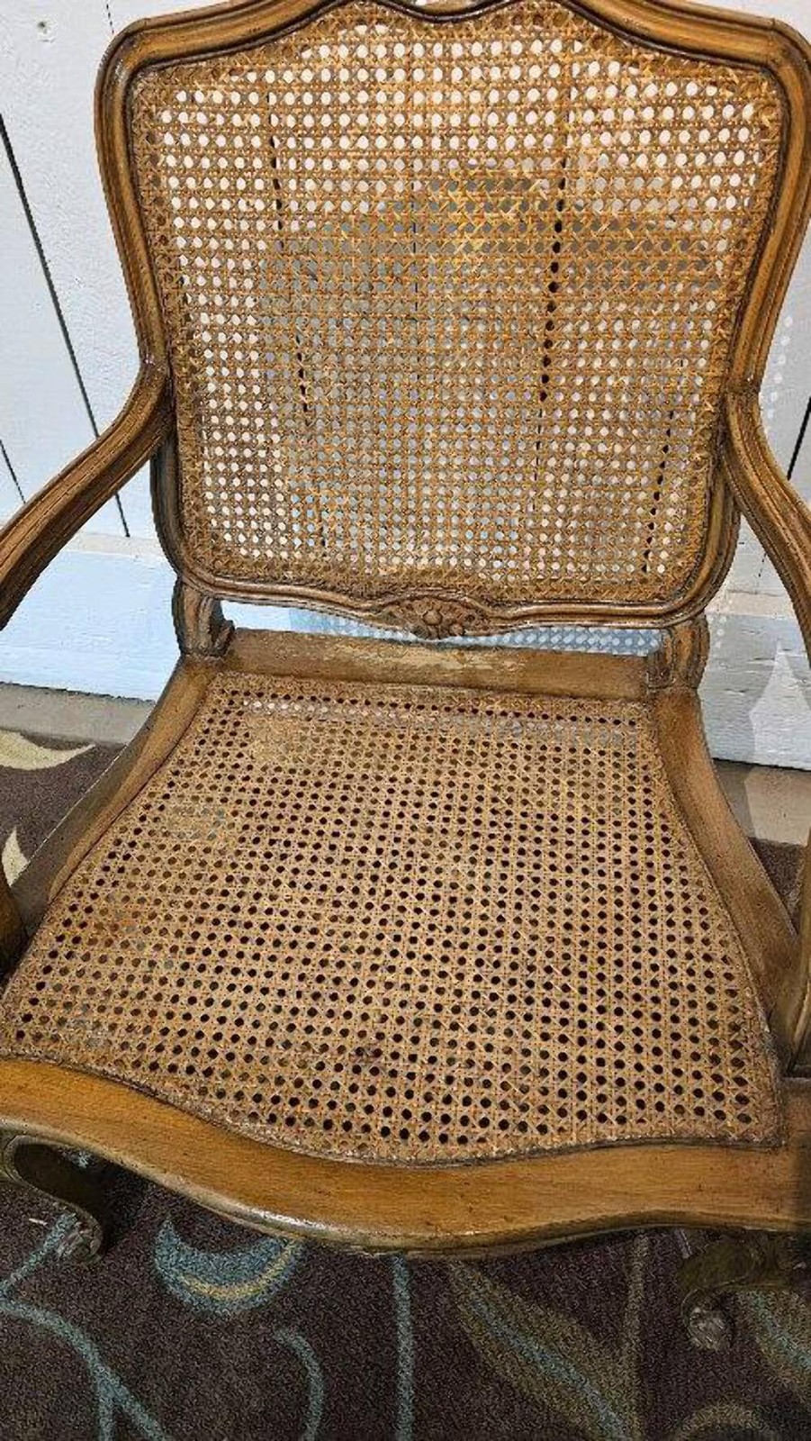 &ndash; Vintage French Cane Wooden Accent Chair With Woven Back & Seat