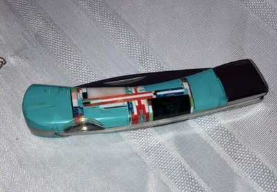 Handmade Folding Pocketknife Turquoise Inlay Handle Stainless Drop Point 3.8  
