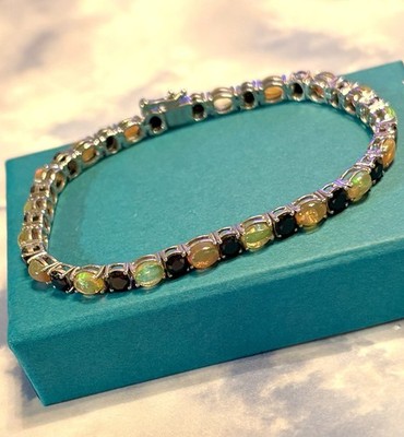 Designer RRJ Sterlingsilber Onyx & Opal Tennis 925 Armband 8''