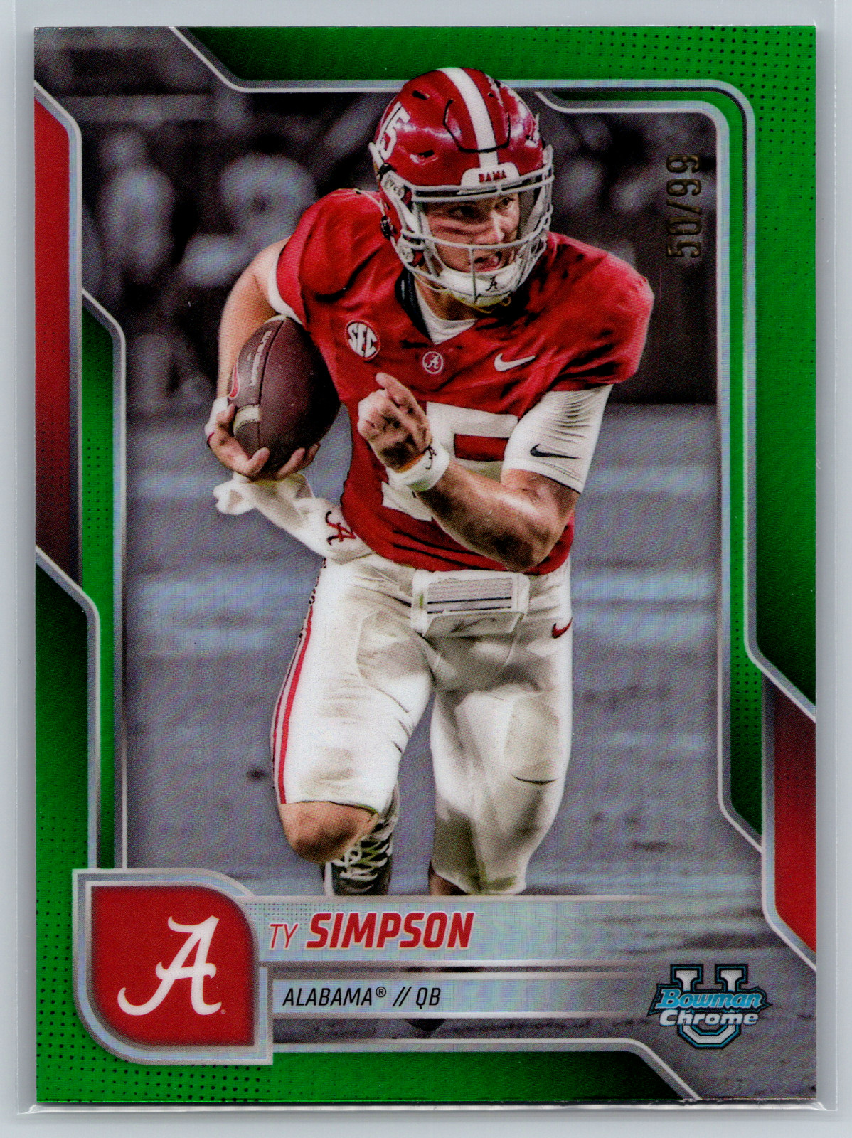 Ty Simpson 2025 Bowman University Chrome Green Refractor /99 #151 Alabama