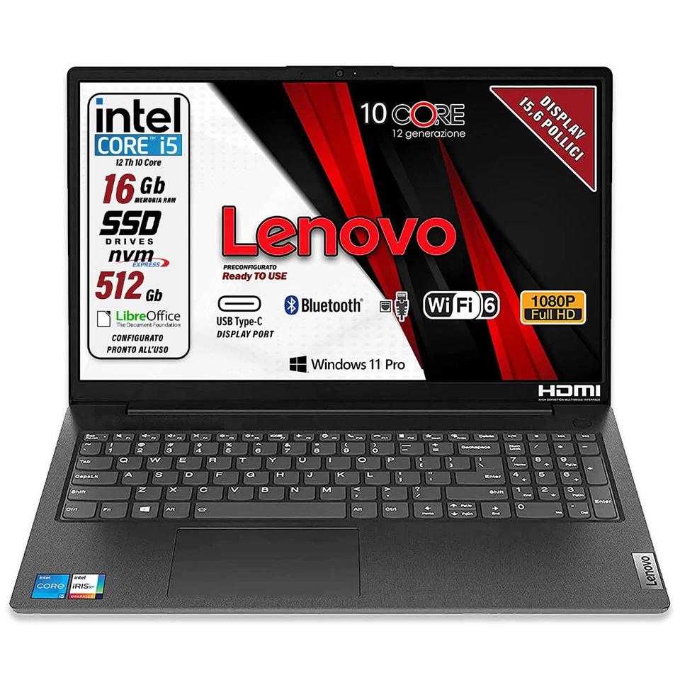 Notebook Lenovo Intel Core i5 1235U 12th RAM 16 GB SSD 512 GB 15,6" Win 11 Pro