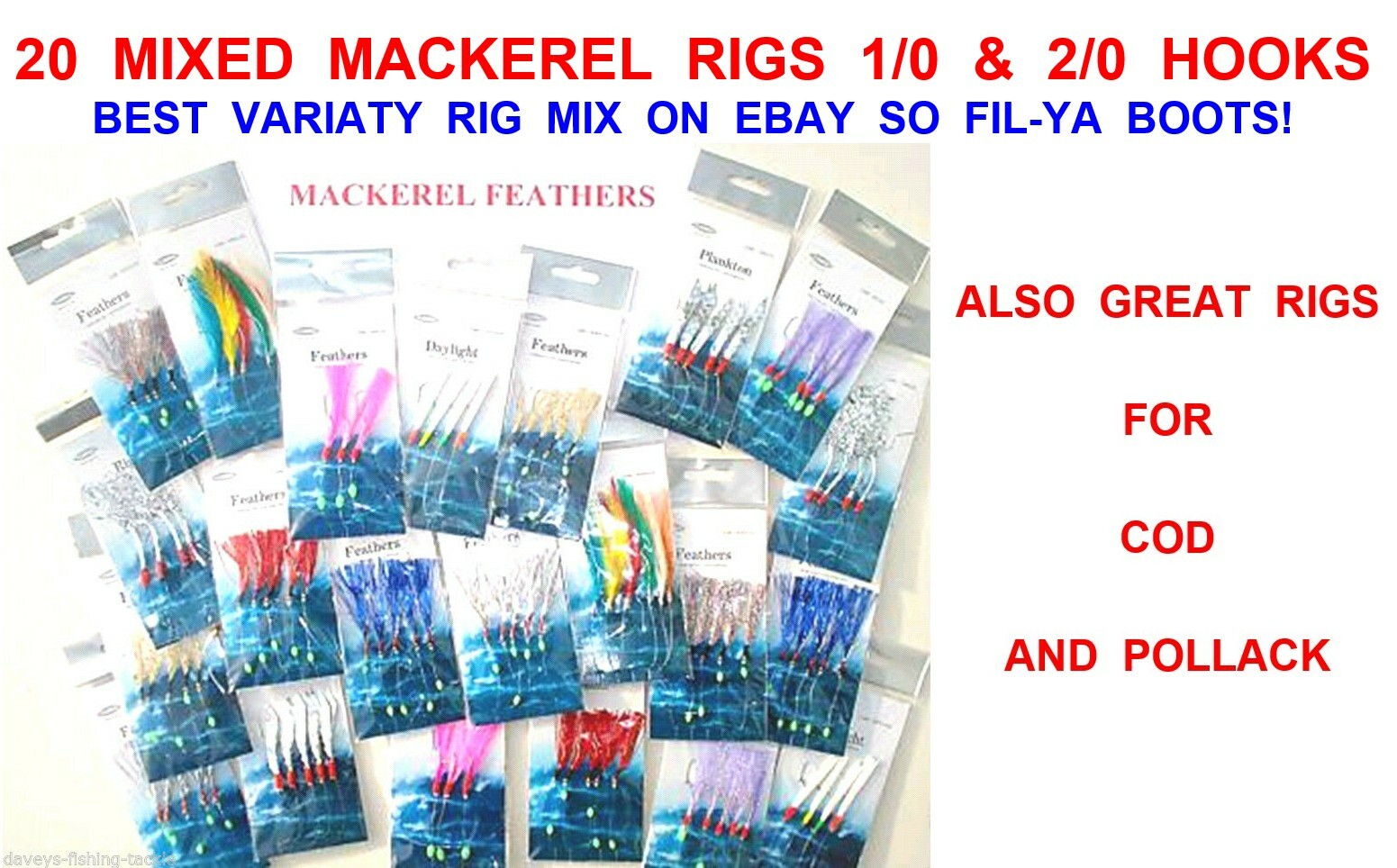 20 MIXED MACKEREL FEATHER RIGS # 1/0 & 2/0 HOOKS SEA FISHING TRACES COD POLLACK