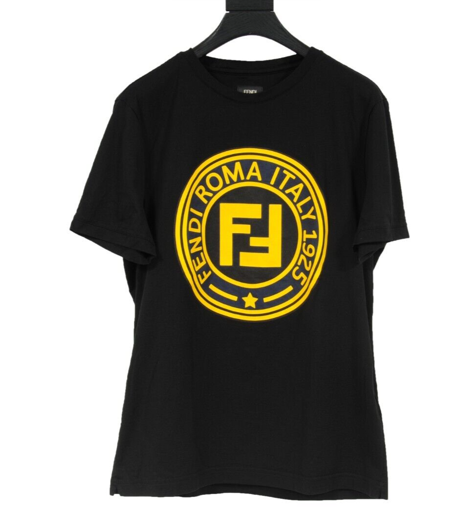 Fendi Men T Shirt Medium Black Cotton Gold Raised FF Circle Fendi Men T Shirt Medium Black Cotton Gold Raised FF Circle