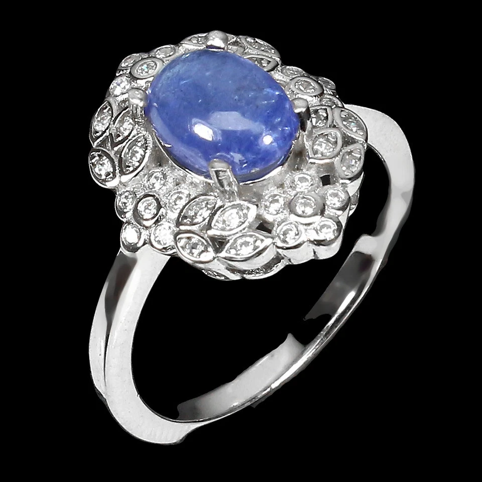 Anello In Argento Sterling 925 Ovale Blu Tanzanite 8x6mm Gioielli Taglia 6 - Immagine 2 di 4