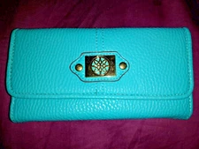 Vtg Ladies Teal Leather Wallet, Check Book Cover, Pen Loop, 12 Cards, 2 Zippered