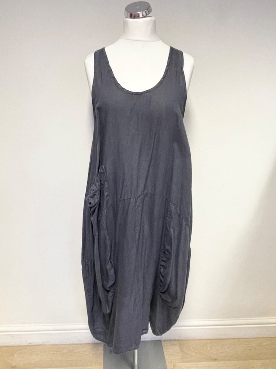 JIVERSO MADE IN ITALY SLATE GREY/ BLUE LINEN MIDI RELAX FIT DRESS SIZE ONE  SIZE | eBay