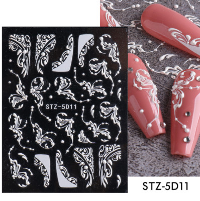 Pure White 5D Embossed Rose Flowers Nail Stickers Water Sliders Manicure Decor