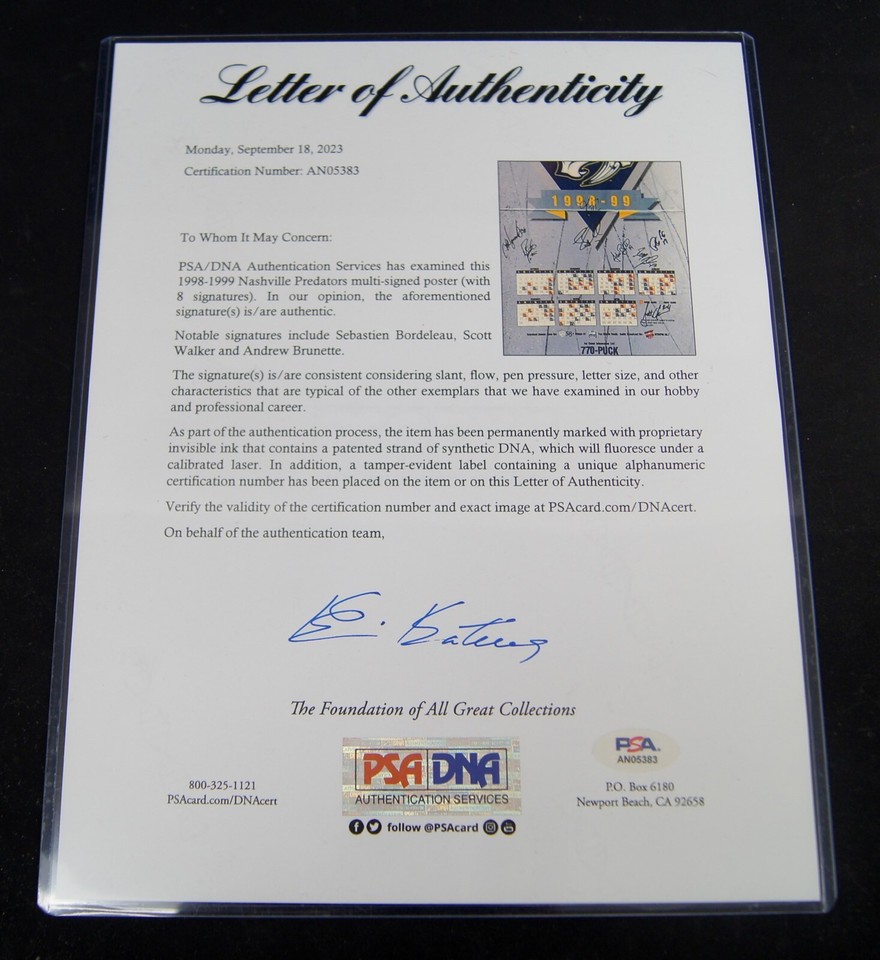 Signed and Framed 19981999 NASHVILLE PREDATORS Poster 8 Signatures PSA