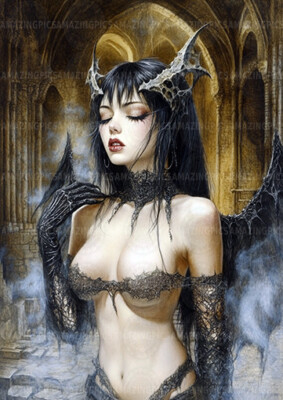 Gothic Dark Angel Kunstdruck gehörnte Frau Spitze Flügel Kathedrale Fantasy Deko ZZ17