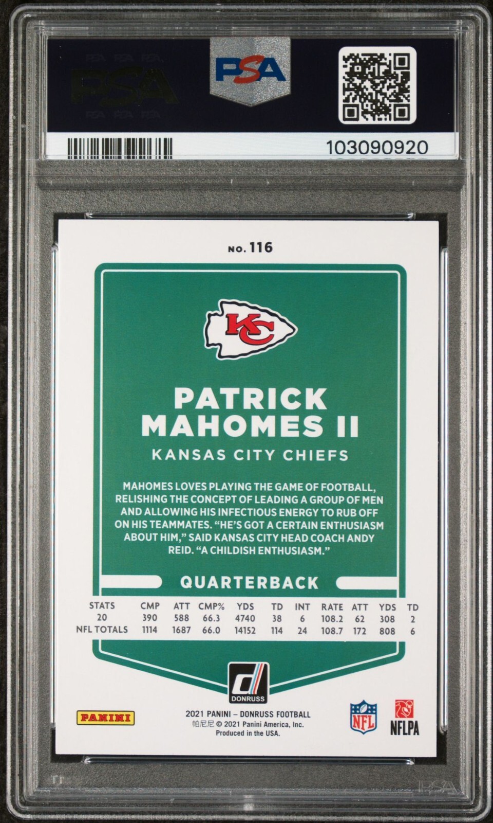 PSA 9 2021 Donruss Press Proof Blue PATRICK MAHOMES Graded MINT #116 view 2