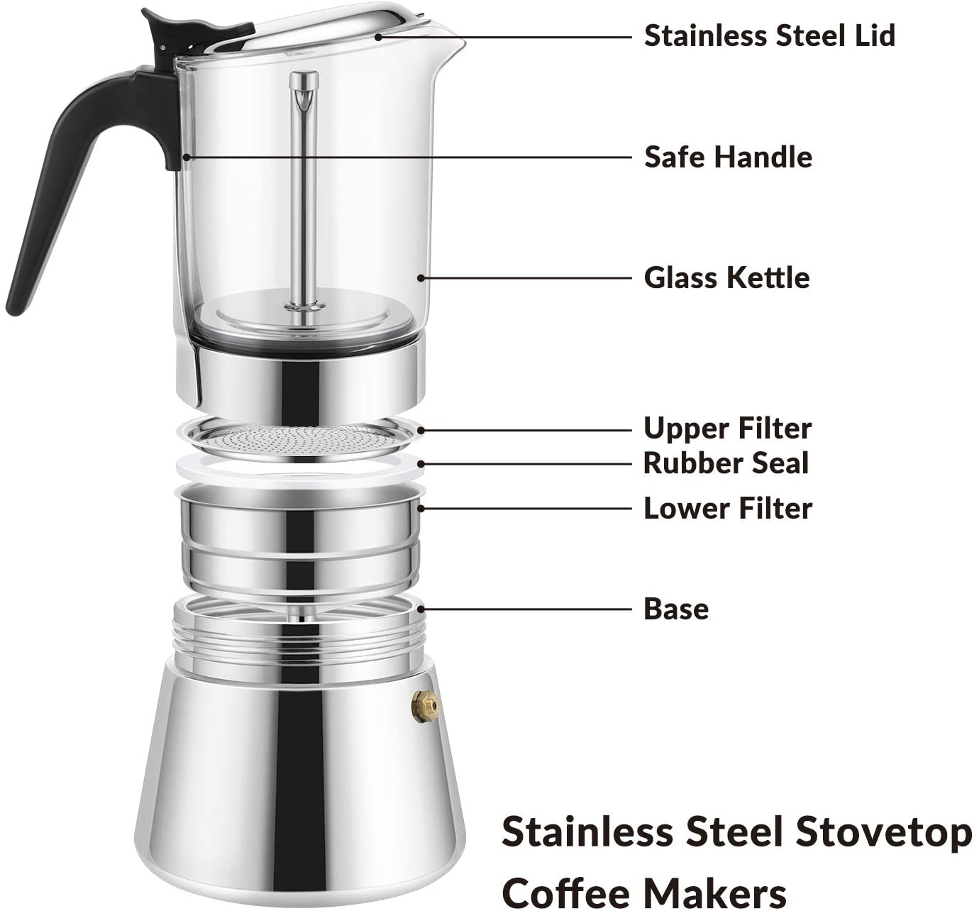 GEESTA Premium Crystal GlassTop Stovetop Espresso Moka Pot 4 / 6/ 9