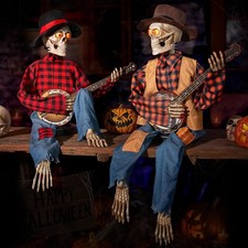 Halloween Banjo Skeletons Duo Animatronic Decoration Light Up Eyes Sound Effects