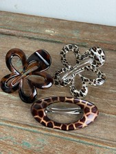 Vtg Barrette Hair Clips Lot 3 Tortoise Shell Floral Flower Leopard Giraffe Nice