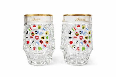 Vintage Schweizer Kantone Bierglas Becher 2er Set Goldrand Basel Schweiz