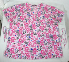 Women's Cassandra-O Pink Cancer Awareness Ribbon Hearts Medical Scrub Top 2XL
