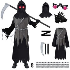 Znorso Grim Reaper Costume for Kids, Halloween Costume with Glowing Up Eyes Cost