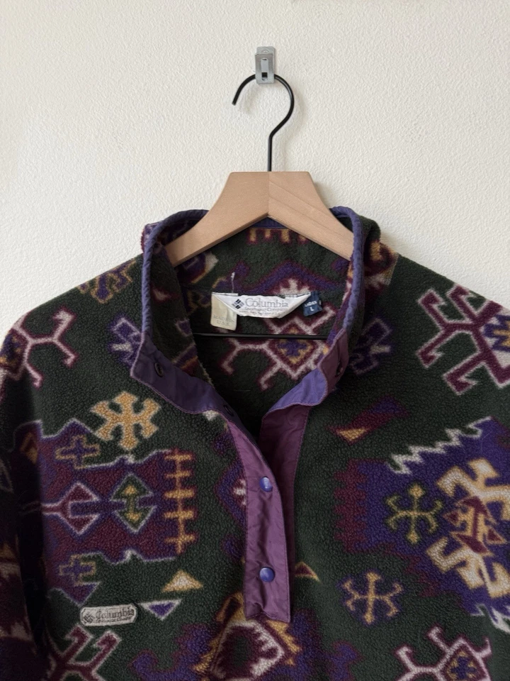 Pulôver de lã vintage EUA Columbia Snap T geométrico jaqueta asteca feminina grande - Imagem 2 de 3
