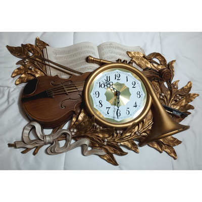 1970s Vintage Burwood + New Haven Wall Clock Violin Bugle Décor